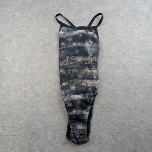 TYR Swimsuit Womens Small 30 One Piece Black Gray Flag‎ Stars Training Suit